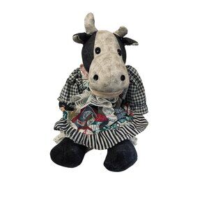 Stuffed Plush Toy‎ Country Cow Handmade Dress Blue White Plaid 17" Animal